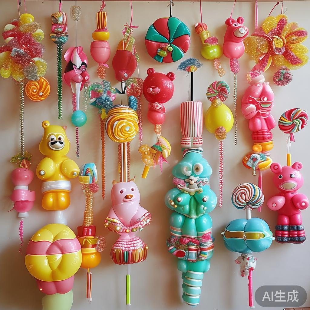 糖果造型装饰挂件
采用气球、纸艺或软陶制成的糖果